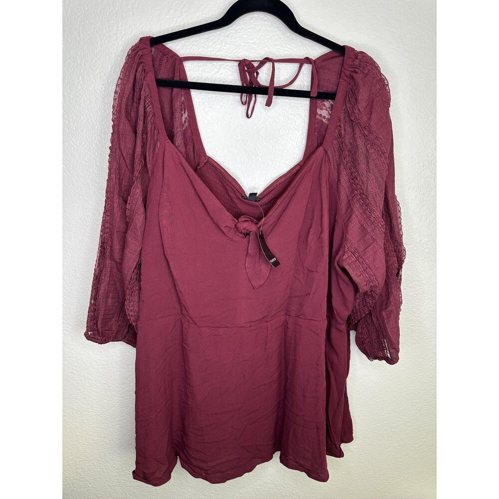 NEW Torrid Blouse Womens 5X Burgundy Lace Sleeve Tie Front Boho Peasant Top